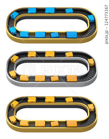Set of Airport luggage conveyor belt or baggage claim area with suitcases on white. 124773167