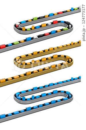 Set of Airport luggage conveyor belt or baggage claim area with suitcases on white. Set of Airport luggage conveyor belt or baggage claim area with suitcases on white. 124773177