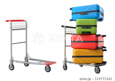 Set of Regular suitcase on hotel trolley cart for carrying baggage on white background Set of Regular suitcase on hotel trolley cart for carrying baggage on white background 124773182