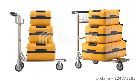 Set of Regular suitcase on hotel trolley cart for carrying baggage on white background Set of Regular suitcase on hotel trolley cart for carrying baggage on white background 124773183