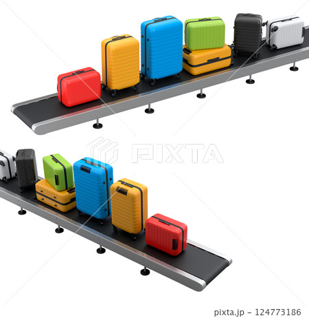 Set of Airport luggage conveyor belt or manufacture line with baggage on white. 124773186