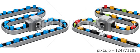 Set of Airport luggage conveyor belt or baggage claim area with suitcases on white. 124773188