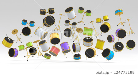 Many of flying drums with metal cymbals or drumset on white background 124773199