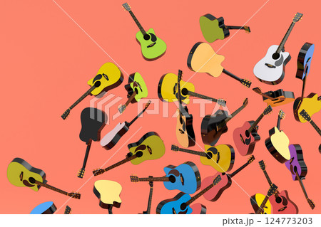 Many of flying acoustic guitars isolated on yellow background. Many of flying acoustic guitars isolated on yellow background. 124773203