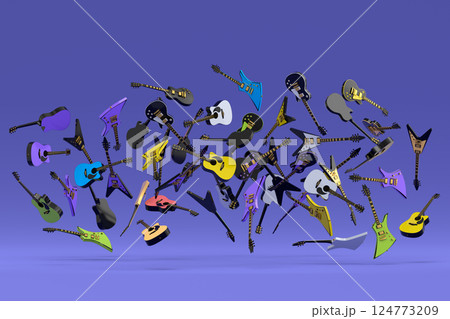 Many of flying electric guitars isolated on violet background. 124773209