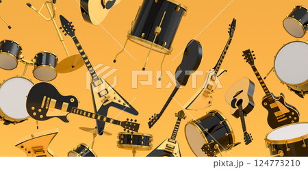 Many of flying acoustic guitars, drums with metal cymbals or drumset on yellow Many of flying acoustic guitars, drums with metal cymbals or drumset on yellow 124773210