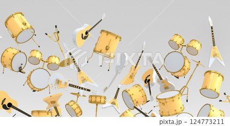 Many of flying acoustic guitars, drums with metal cymbals or drumset on white Many of flying acoustic guitars, drums with metal cymbals or drumset on white 124773211