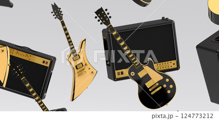 Many of flying acoustic guitars, drums, cymbal or drumset and amplifier on white Many of flying acoustic guitars, drums, cymbal or drumset and amplifier on white 124773212