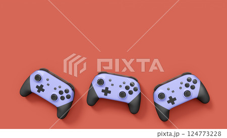 Realistic grey video game joysticks or gamepads on red background Realistic grey video game joysticks or gamepads on red background 124773228