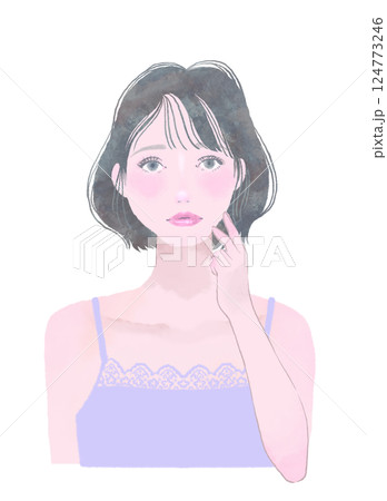 顔に手を添えるポーズの女性イラスト　スキンケア 124773246