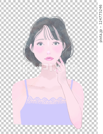 顔に手を添えるポーズの女性イラスト　スキンケア 124773246