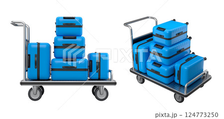Set of Regular suitcase on hotel trolley cart for carrying baggage on white background Set of Regular suitcase on hotel trolley cart for carrying baggage on white background 124773250