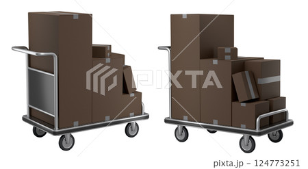 Set of Airport luggage cart or baggage trolley side with cardboard boxes or cartons Set of Airport luggage cart or baggage trolley side with cardboard boxes or cartons 124773251