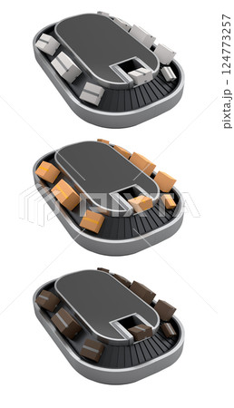 Set of Airport conveyor belt or baggage claim area with cardboard boxes or cartons 124773257