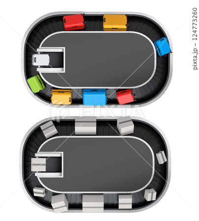 Set of Airport luggage conveyor belt or baggage claim area with suitcases on white. Set of Airport luggage conveyor belt or baggage claim area with suitcases on white. 124773260