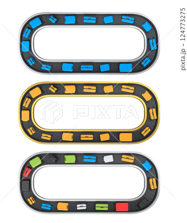 Set of Airport luggage conveyor belt or baggage claim area with suitcases on white. 124773275