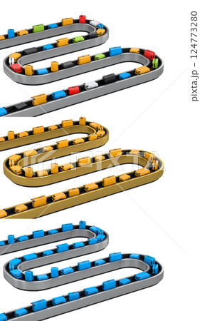 Set of Airport luggage conveyor belt or baggage claim area with suitcases on white. 124773280