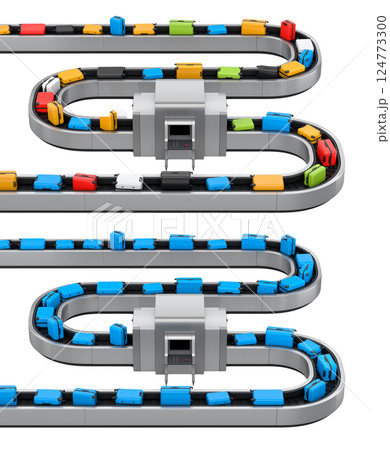 Set of Airport luggage conveyor belt or baggage claim area with suitcases on white. 124773300