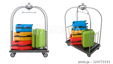 Set of Regular suitcase on hotel trolley cart for carrying baggage on white background Set of Regular suitcase on hotel trolley cart for carrying baggage on white background 124773333