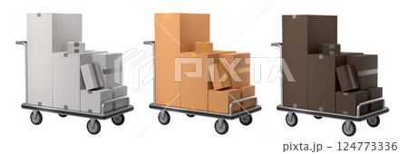 Set of Airport luggage cart or baggage trolley side with cardboard boxes or cartons Set of Airport luggage cart or baggage trolley side with cardboard boxes or cartons 124773336