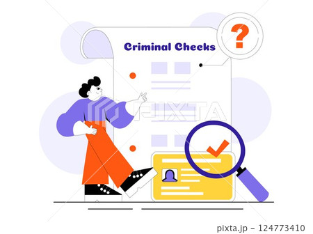 Criminal Checks Illustration Featuring Background Check for Recruitment, Criminal Record or Drug Test with Magnifier Inspecting Candidate Document 124773410
