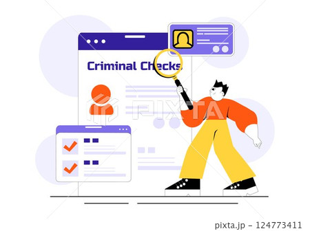 Criminal Checks Illustration Featuring Background Check for Recruitment, Criminal Record or Drug Test with Magnifier Inspecting Candidate Document 124773411