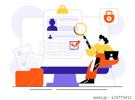 Criminal Checks Illustration Featuring Background Check for Recruitment, Criminal Record or Drug Test with Magnifier Inspecting Candidate Document 124773412