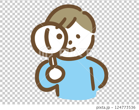 一位穿著休閒服的年輕男子透過放大鏡觀察（上半身） 124773536