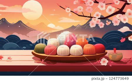 桜と和菓子の春の風景 124773649