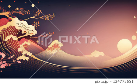 春の月夜と波の和風グラフィック 春の月夜と波の和風グラフィック 124773651
