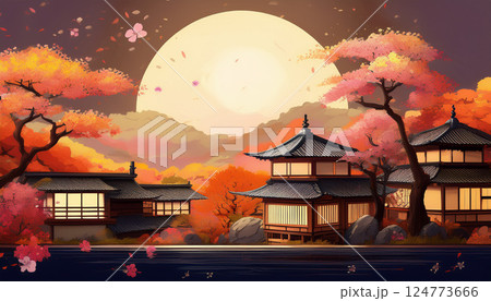 紅葉と満月に包まれた伝統的な日本建築 124773666