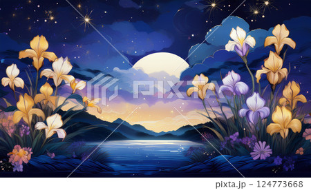 星降る夜の湖畔と咲き誇る花菖蒲 124773668