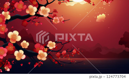 夕暮れに咲く紅梅の枝 124773704