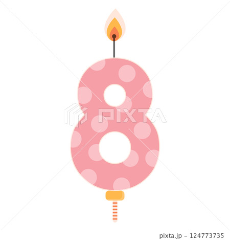 Pink number 8 birthday cake candle with flame light. Eight year old celebration design. Flat celebration item isolated on white. Pink number 8 birthday cake candle with flame light. Eight year old celebration design. Flat celebration item isolated on white. 124773735