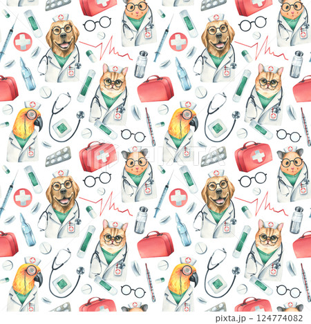 Dog, cat, hamster, parrot doctors in a dressing gown, glasses, with a stethoscope, a suitcase and medical instruments. Watercolor illustration hand drawn. Seamless pattern on white background Dog, cat, hamster, parrot doctors in a dressing gown, glasses, with a stethoscope, a suitcase and medical instruments. Watercolor illustration hand drawn. Seamless pattern on white background 124774082