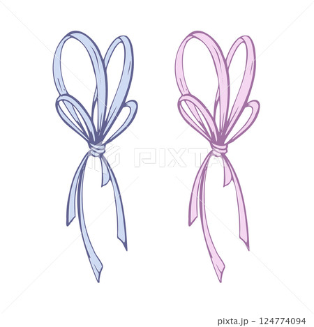 Satin, small, simple bow made of fabric, thin ribbons. Graphic sketch illustration hand drawn line art, outline in blue and pink. Single isolated element vector EPS, for hair decoration, clothes gifts Satin, small, simple bow made of fabric, thin ribbons. Graphic sketch illustration hand drawn line art, outline in blue and pink. Single isolated element vector EPS, for hair decoration, clothes gifts 124774094