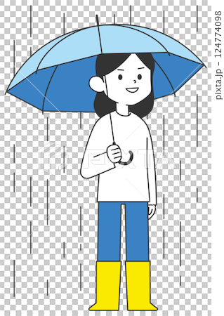 雨の中傘をさし長靴を履いている女性 124774098