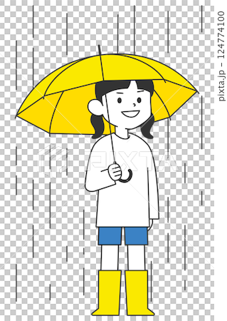 雨の中傘をさし長靴を履いている女の子 124774100