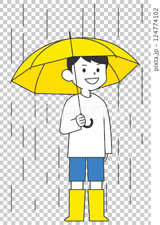 雨の中傘をさし長靴を履いている男の子 124774102