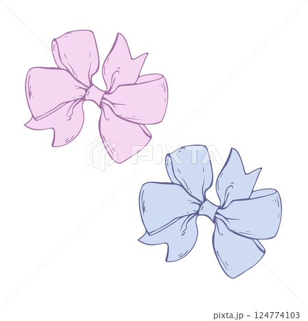 Satin, multilayered fabric bow, with wide ribbons. Graphic sketch illustration hand drawn line art, outline in blue and pink. Single isolated element vector EPS, for hair decoration, clothes, gifts 124774103