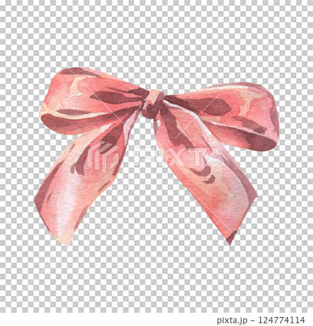 The bow is small, cute and graceful in pink, coral, peach shades. Watercolor illustration, hand-drawn on the theme of Bows of coquettes. A separate element isolated from the background 124774114