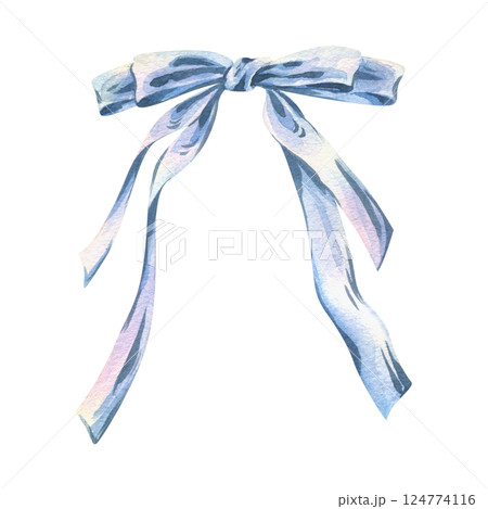 The bow is big, cute, multi-layered, thin and graceful in blue and lilac shades. Watercolor illustration, hand-drawn on the theme of Bows of coquettes. A separate element isolated from the background The bow is big, cute, multi-layered, thin and graceful in blue and lilac shades. Watercolor illustration, hand-drawn on the theme of Bows of coquettes. A separate element isolated from the background 124774116