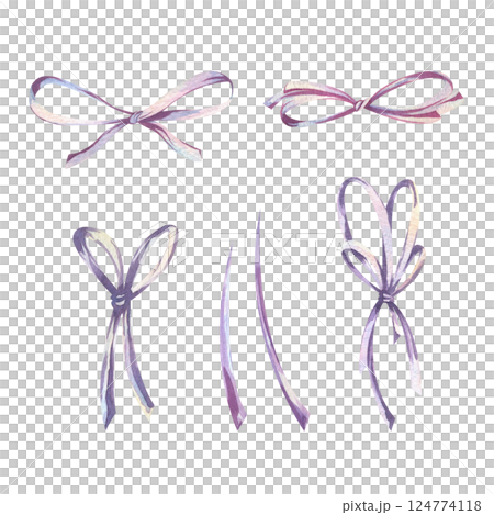 Bows thin small elegant satin simple in lilac and violet shades. Watercolor illustration, hand-drawn on the theme of Bows coquettes. Set of elements isolated from the background. Bows thin small elegant satin simple in lilac and violet shades. Watercolor illustration, hand-drawn on the theme of Bows coquettes. Set of elements isolated from the background. 124774118
