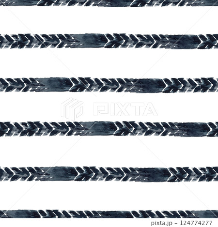 Tire tracks stripes abstract seamless pattern watercolor illustration isolated on white. Tread Motorbike or bicycle wheel. For motorcycle service design, packaging moto goods, textile, print product 124774277