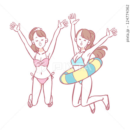 水着を着てジャンプする女性 124774362