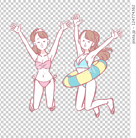 水着を着てジャンプする女性 124774362