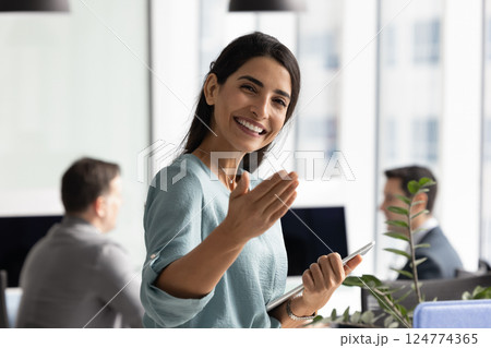 Friendly recruiter woman inviting job candidates to join team Friendly recruiter woman inviting job candidates to join team 124774365