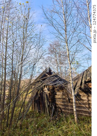 Old, Crumbling Russian Bathhouse in Autumn Landscape 124774375
