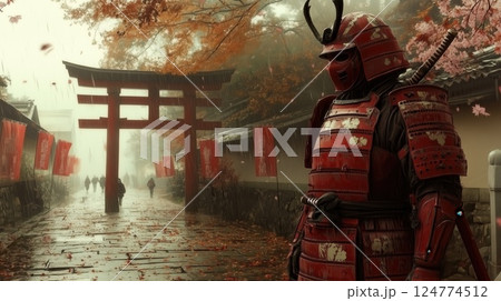Samurai under torii gate in misty autumn forest 124774512