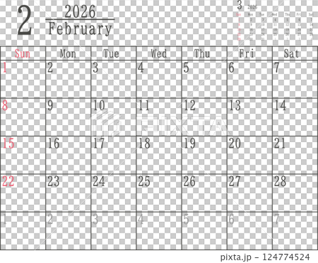 Simple monthly calendar material for February 2026 with Sundays colored only 124774524